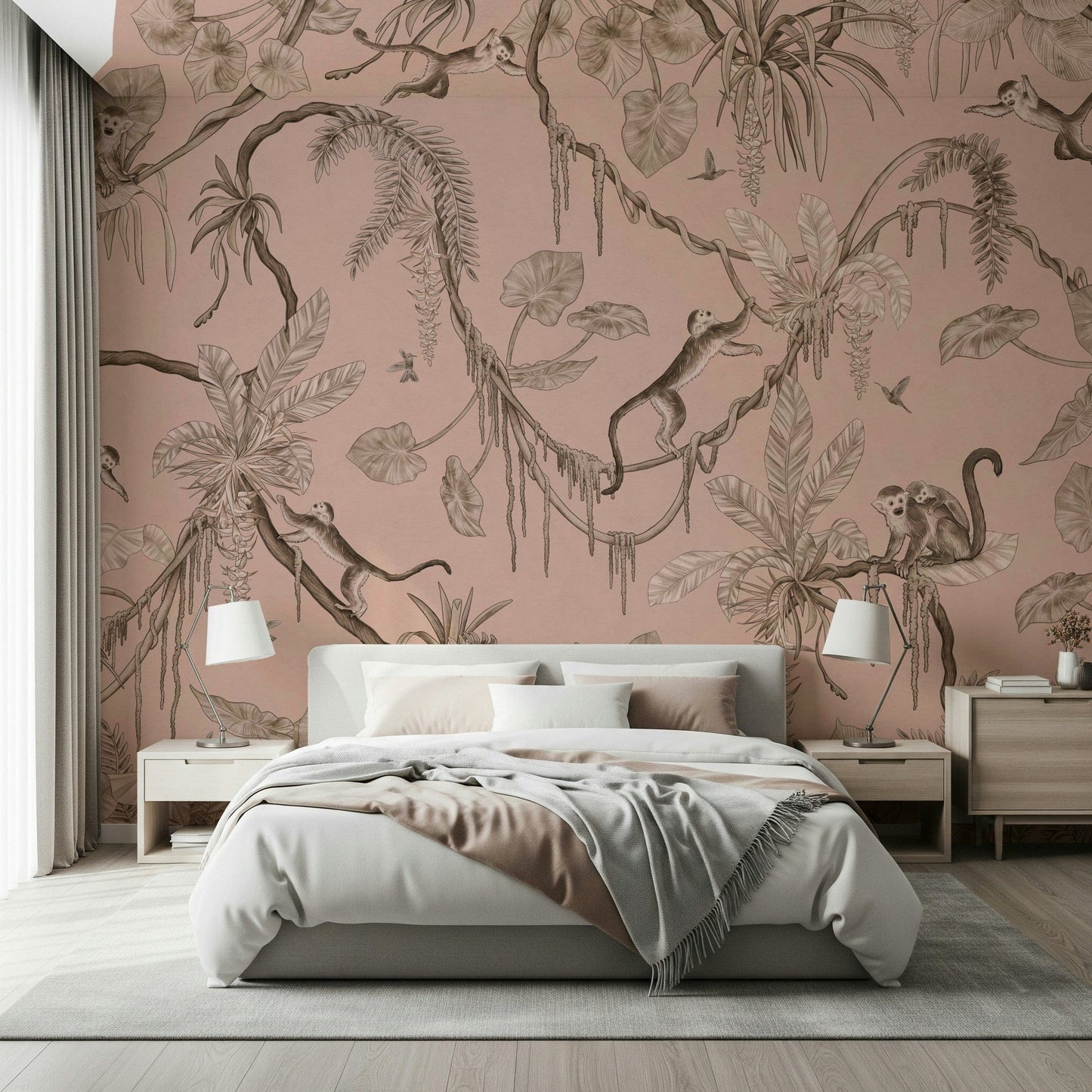 Whimsical mural of jungle wildlife amidst vibrant greenery and flowering plants