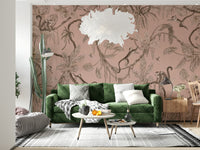 Tropical wall art showing birds perched on flowering branches in a jungle setting