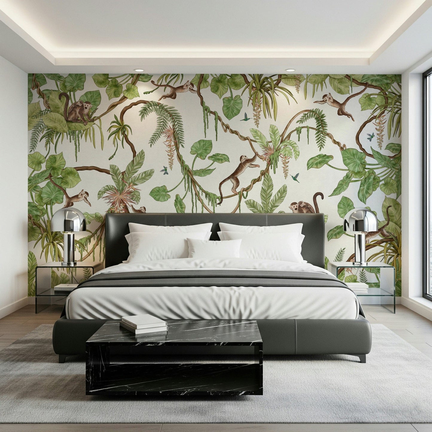 Whimsical jungle mural with monkeys exploring the treetops – animal wallpaper, tropical wallpaper, jungle wallpaper.