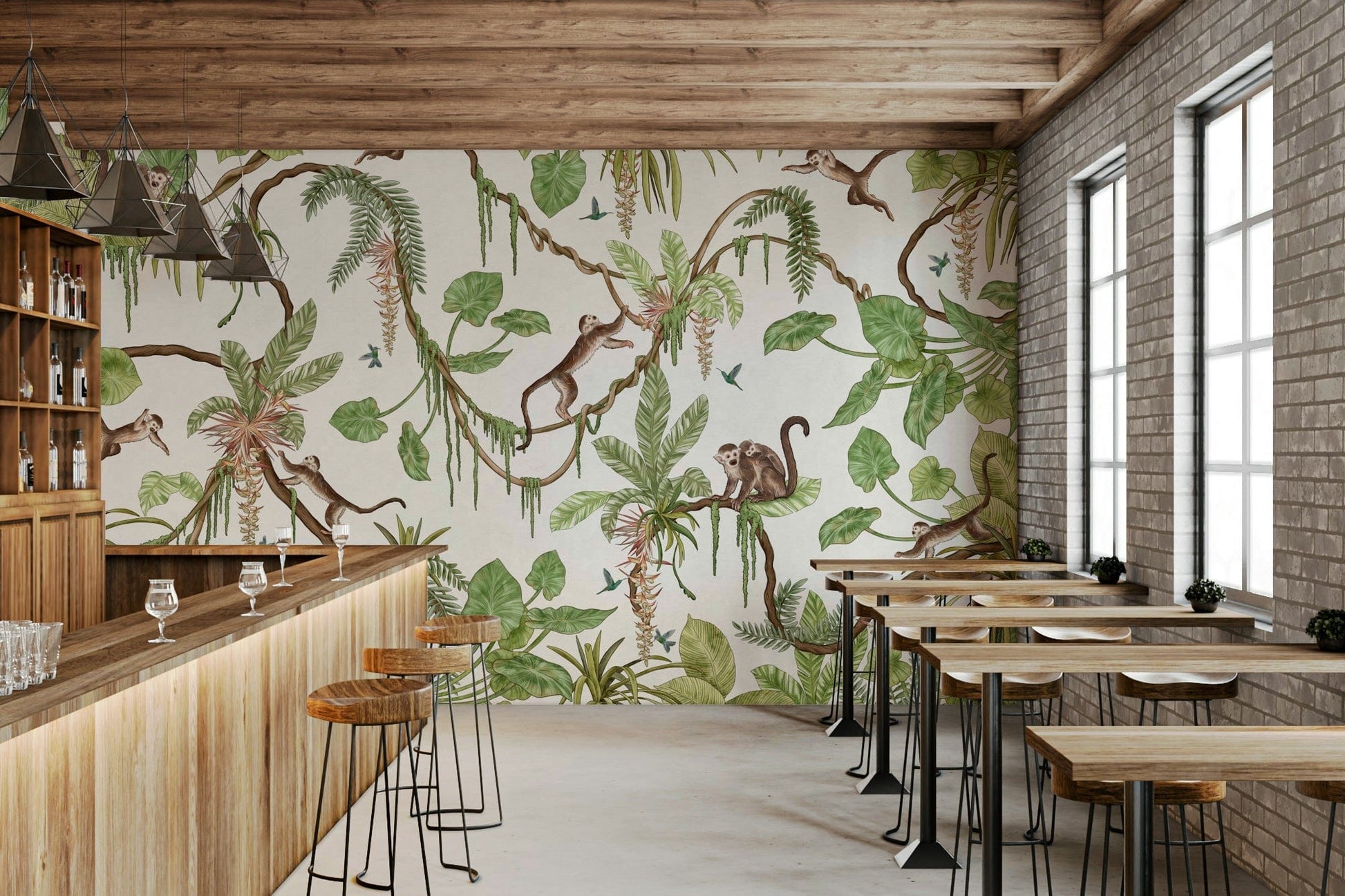 Fun animal wallpaper of monkeys playing in dense jungle greenery – jungle wallpaper, tropical wallpaper.