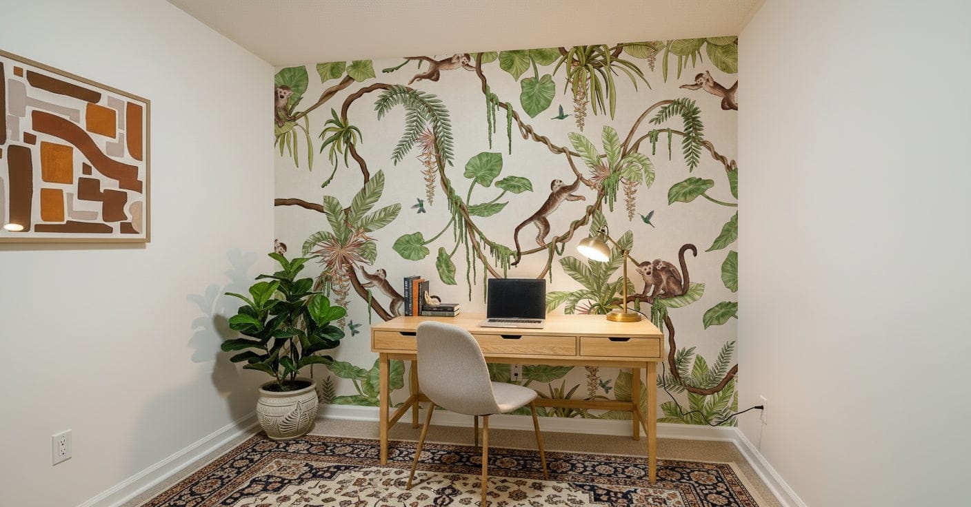 Tropical jungle mural with monkeys swinging on vines – animal wallpaper, jungle wallpaper, tropical wallpaper