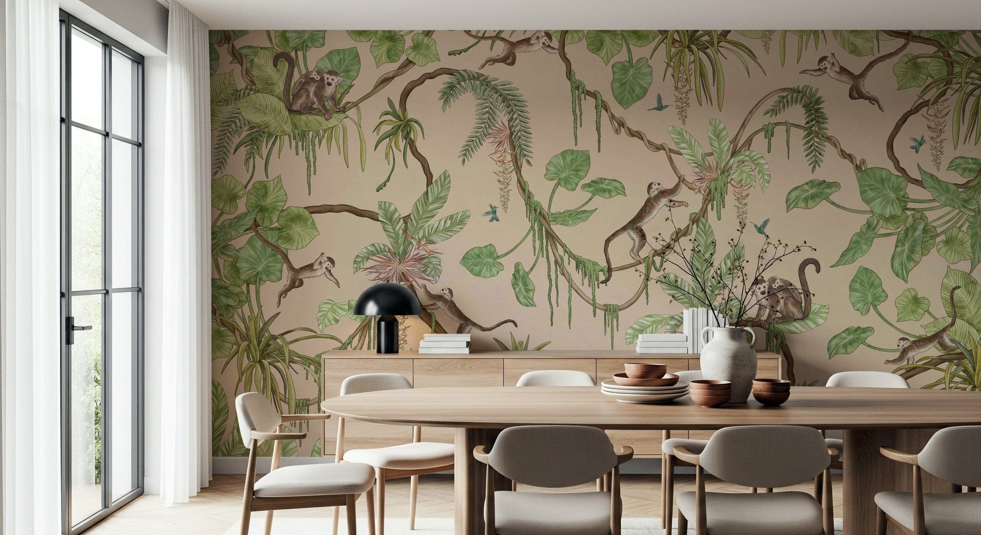 Playful monkeys swinging and exploring a lush tropical jungle mural