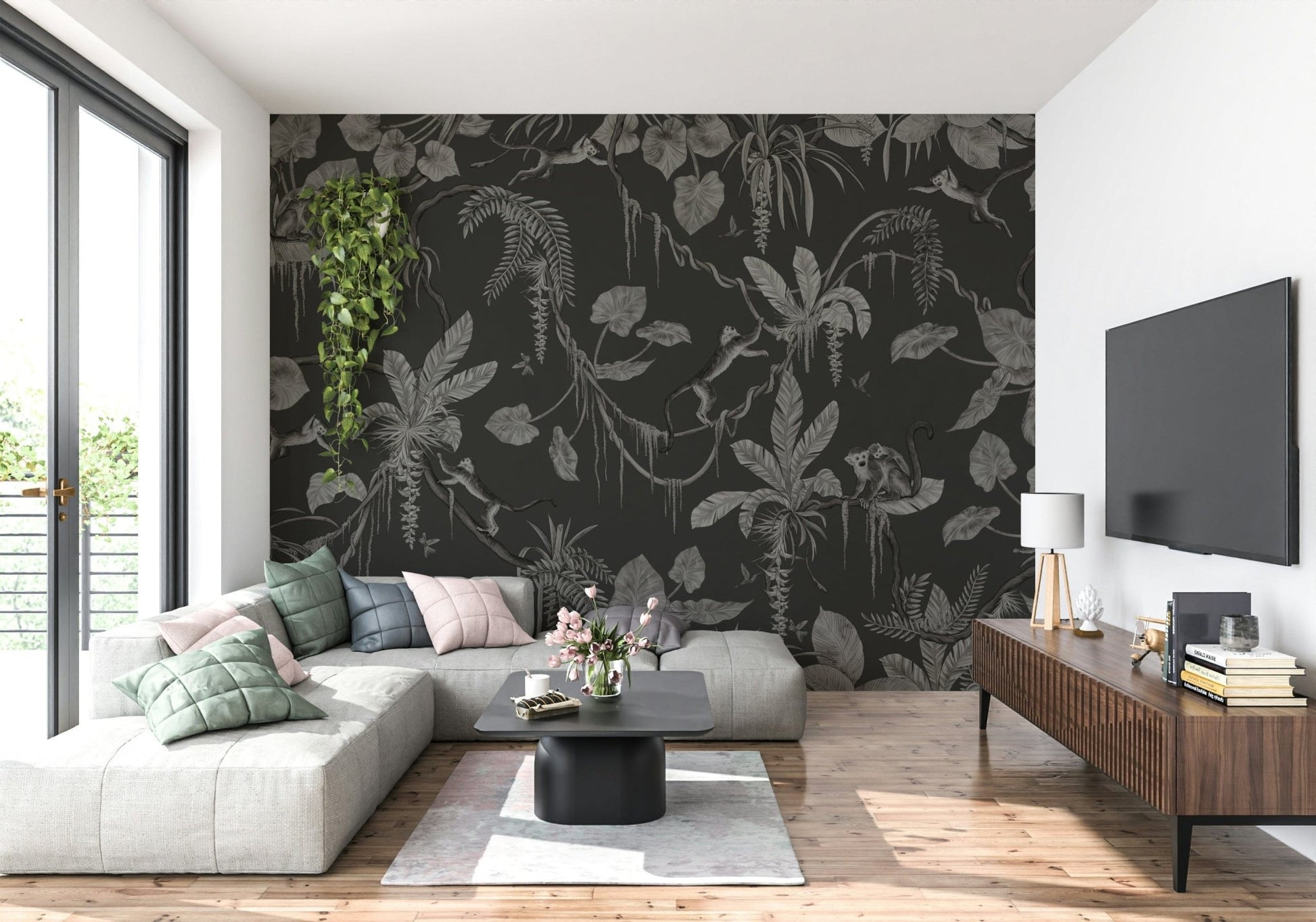 Tropical forest mural with dark tones and subtle evening lighting