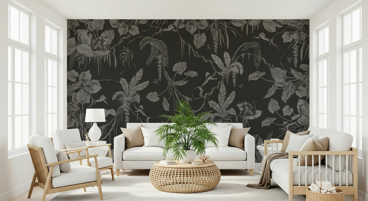 Jungle-inspired wall art featuring twilight skies and dense tropical greenery