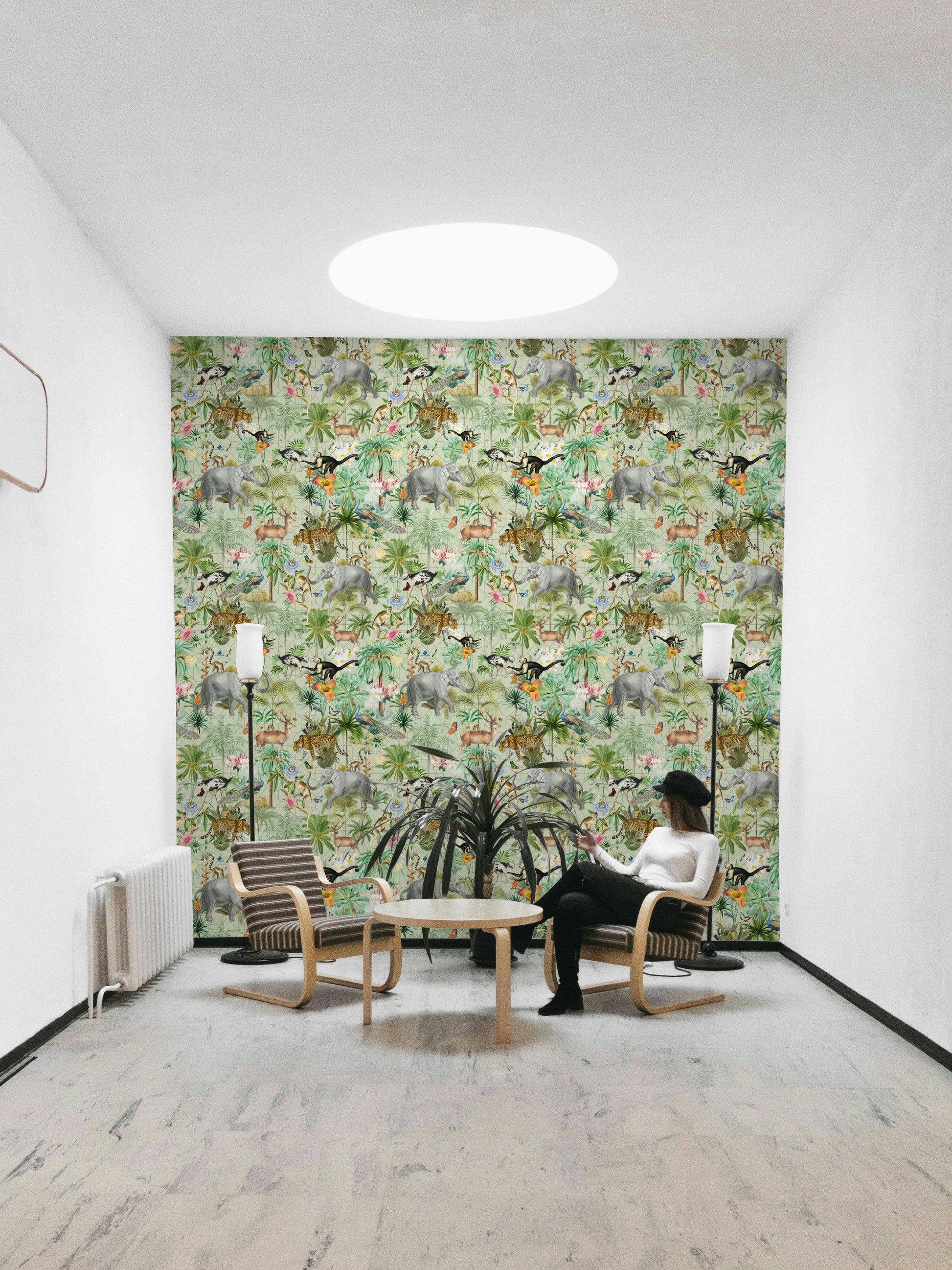 Detailed view of Jungle Opulence mural with deep jungle tones and blooms.

