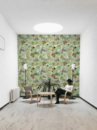 Detailed view of Jungle Opulence mural with deep jungle tones and blooms.

