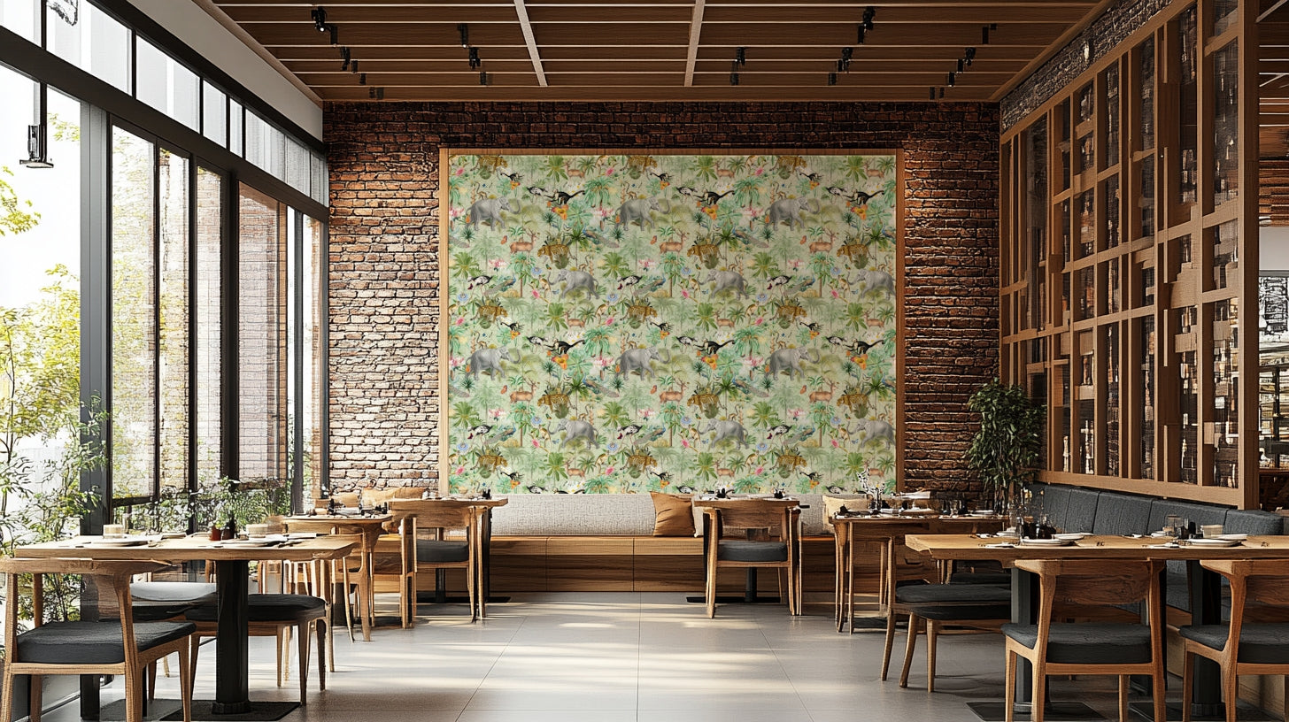 Bold tropical wallpaper mural with vibrant flowers and lush plants.

