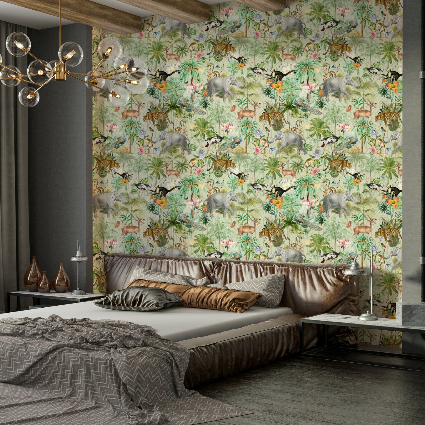 Close-up of Jungle Opulence wall mural with rich tropical plants.

