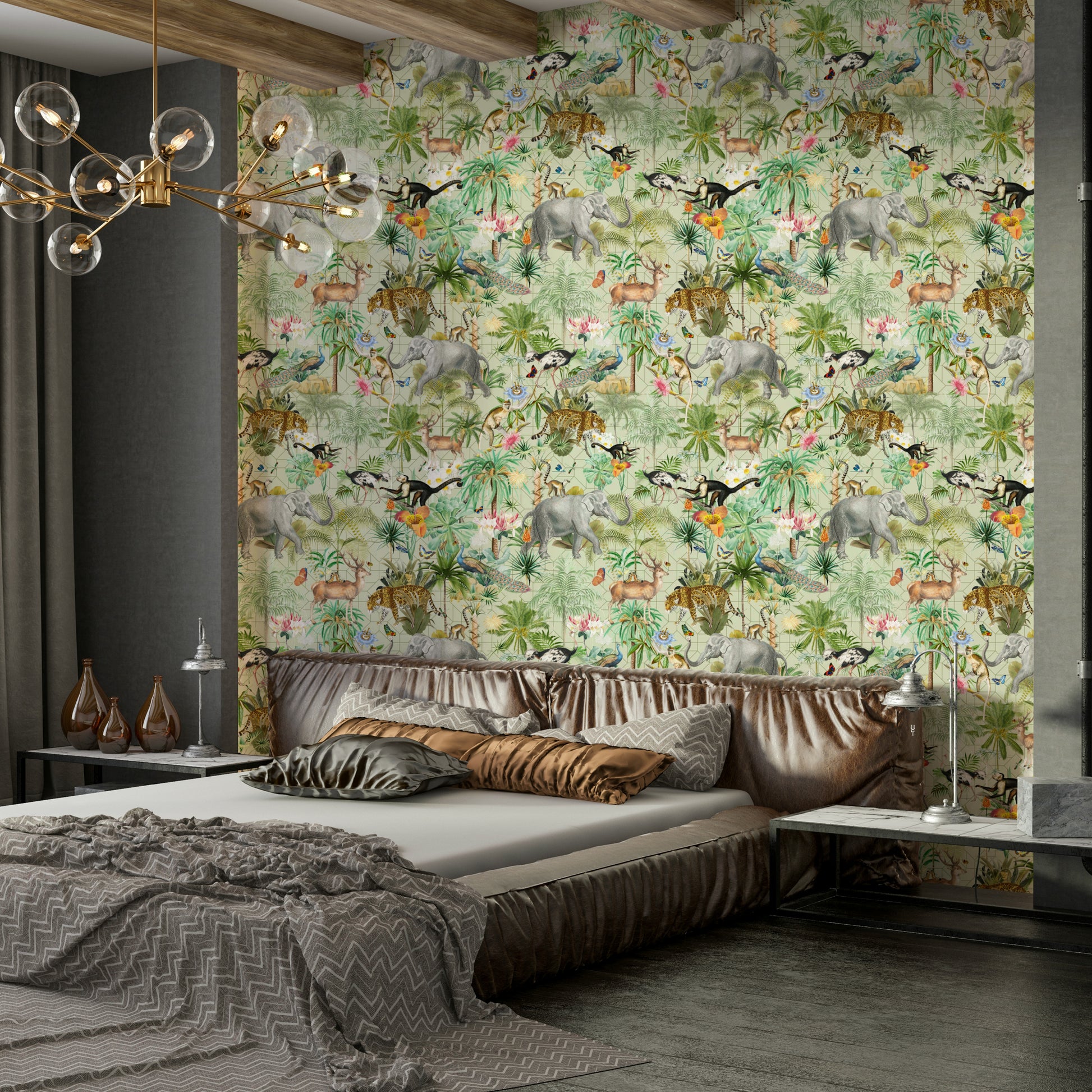 Close-up of Jungle Opulence wall mural with rich tropical plants.

