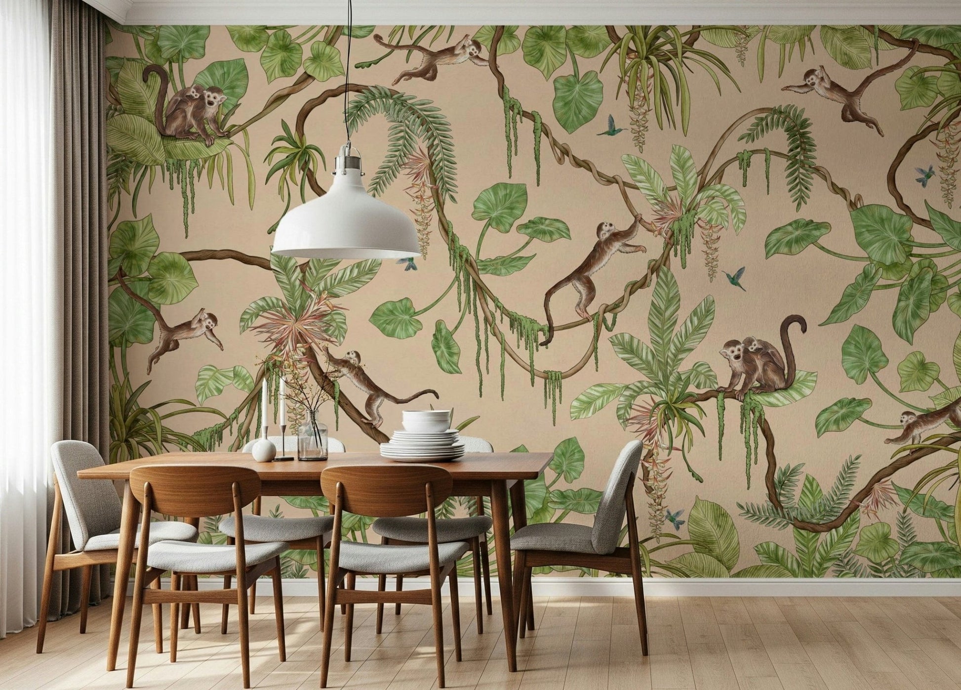 Fun and colorful mural of monkeys and jungle animals at play