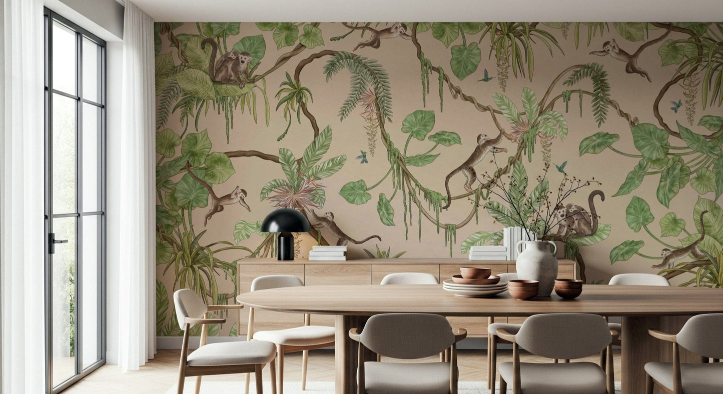 Playful monkeys swinging and exploring a lush tropical jungle mural