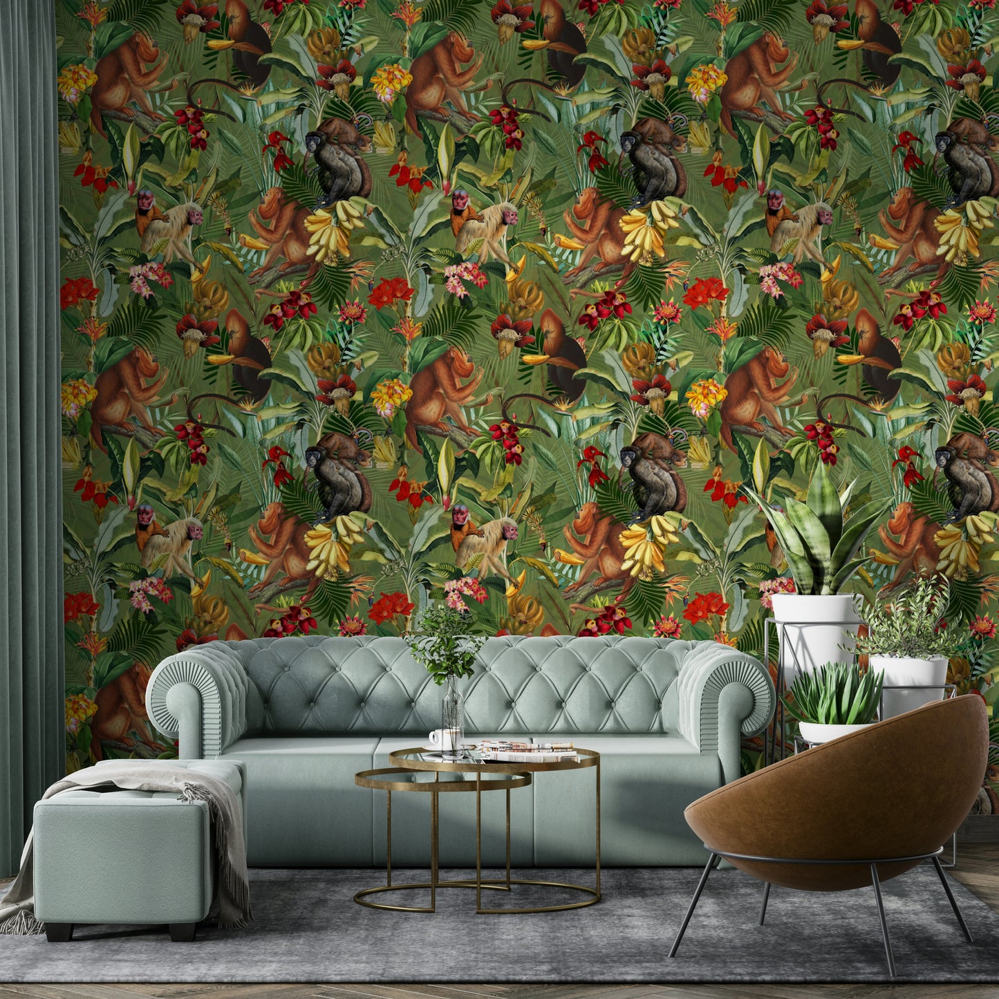 Bold tropical wall mural creating a jungle escape indoors.


