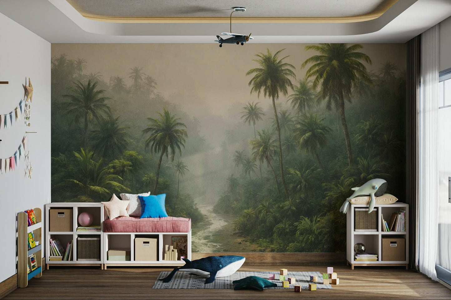 A wall mural of a peaceful jungle river pattern.

