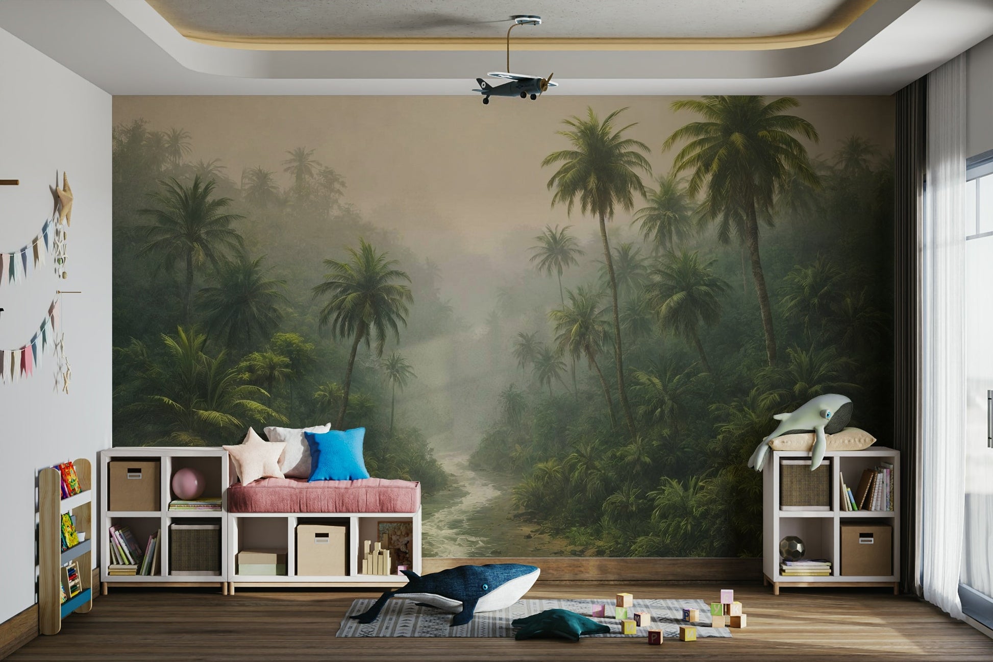 A wall mural of a peaceful jungle river pattern.


