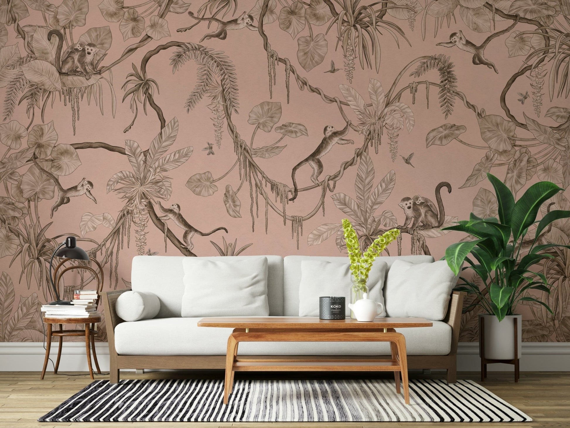 Vibrant jungle scene with exotic birds singing among lush tropical foliage