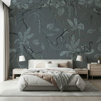 Contemporary wall covering with jungle foliage illustrated in calming blue