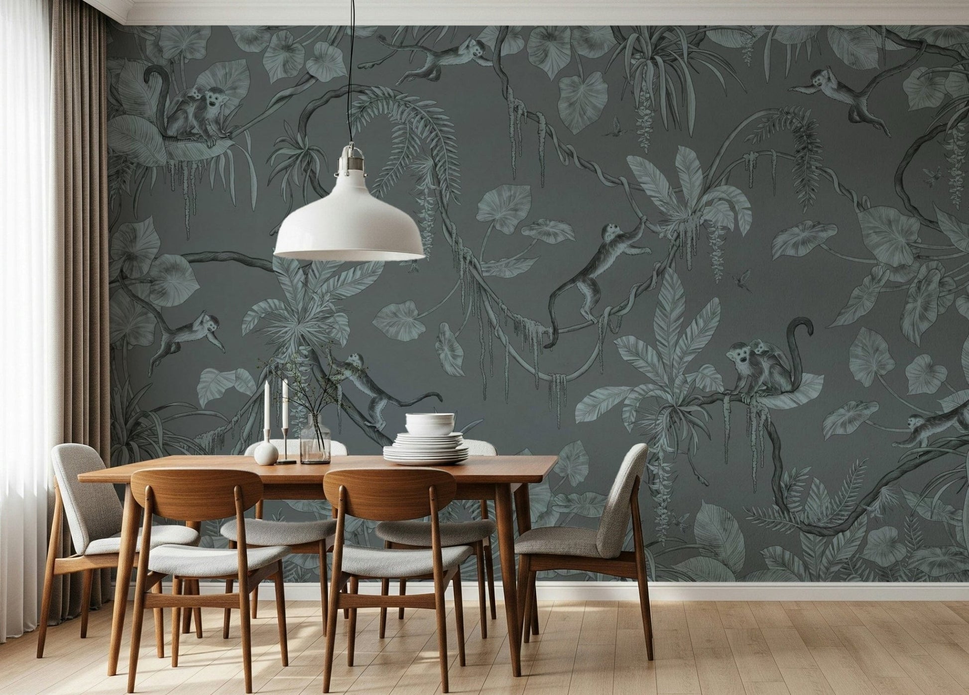Serene botanical wall art with blue sketch-style jungle landscape