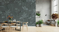 Artistic jungle mural in calming blue shades with detailed leaf patterns