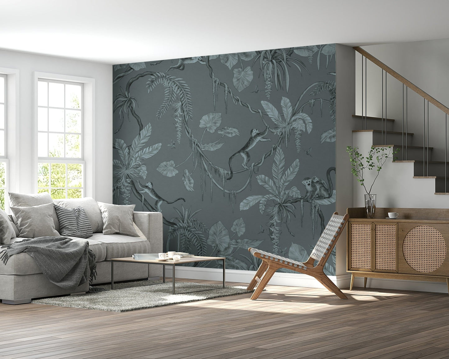 Nature-inspired wall art showing a tranquil jungle sketch in soft blue