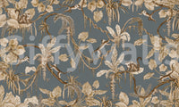 Jungle Tales wallpaper mural shown as a full-wall slate blue-grey scene of golden monkeys, palms and hanging vines
