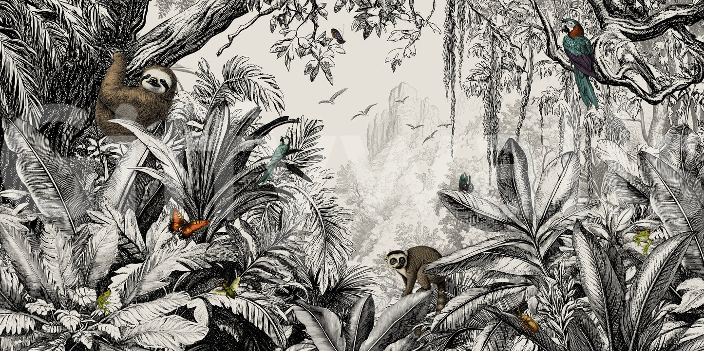 High-contrast black and off-white jungle mural for modern spaces.

