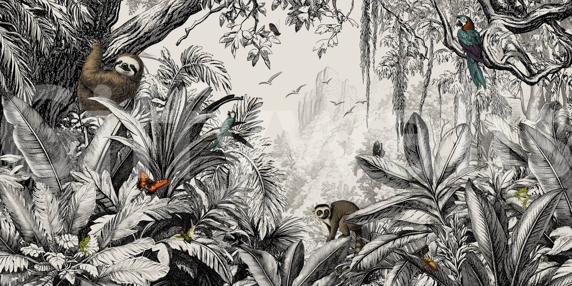 High-contrast black and off-white jungle mural for modern spaces.

