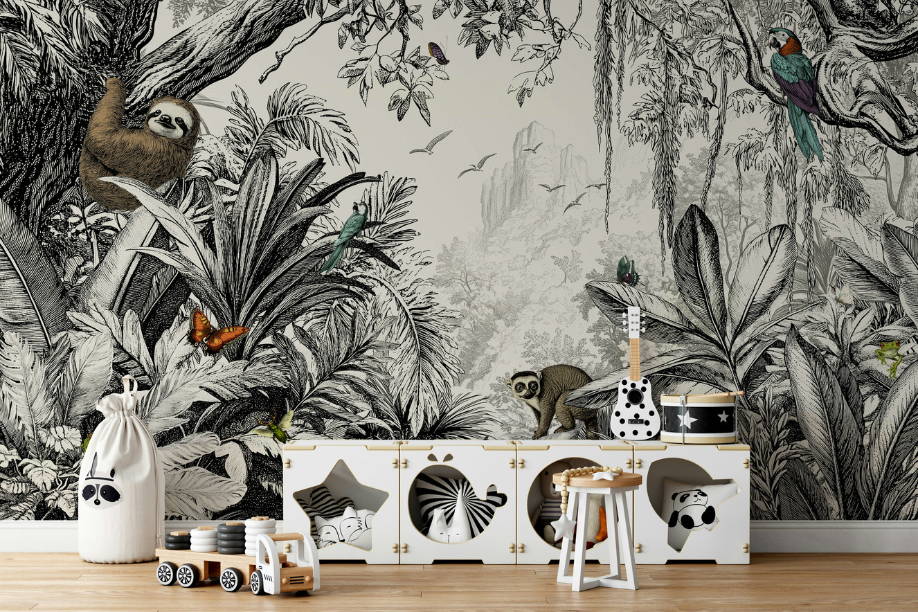 Jungle Vista - Black & Off-White Wall Mural with jungle foliage.

