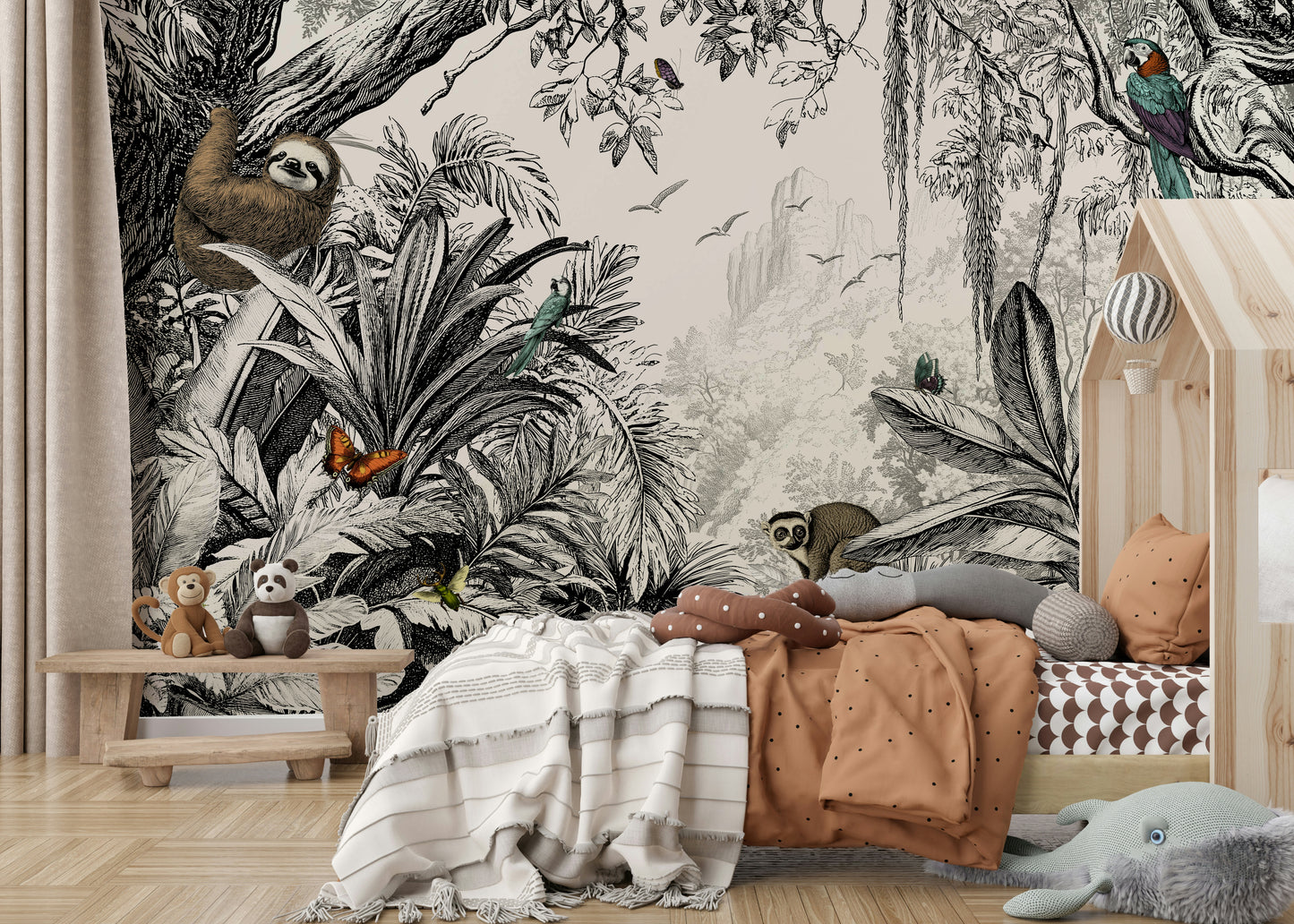 Jungle Vista Black & Off-White wallpaper mural of a sloth and parrots in monochrome jungle foliage in a child's nursery