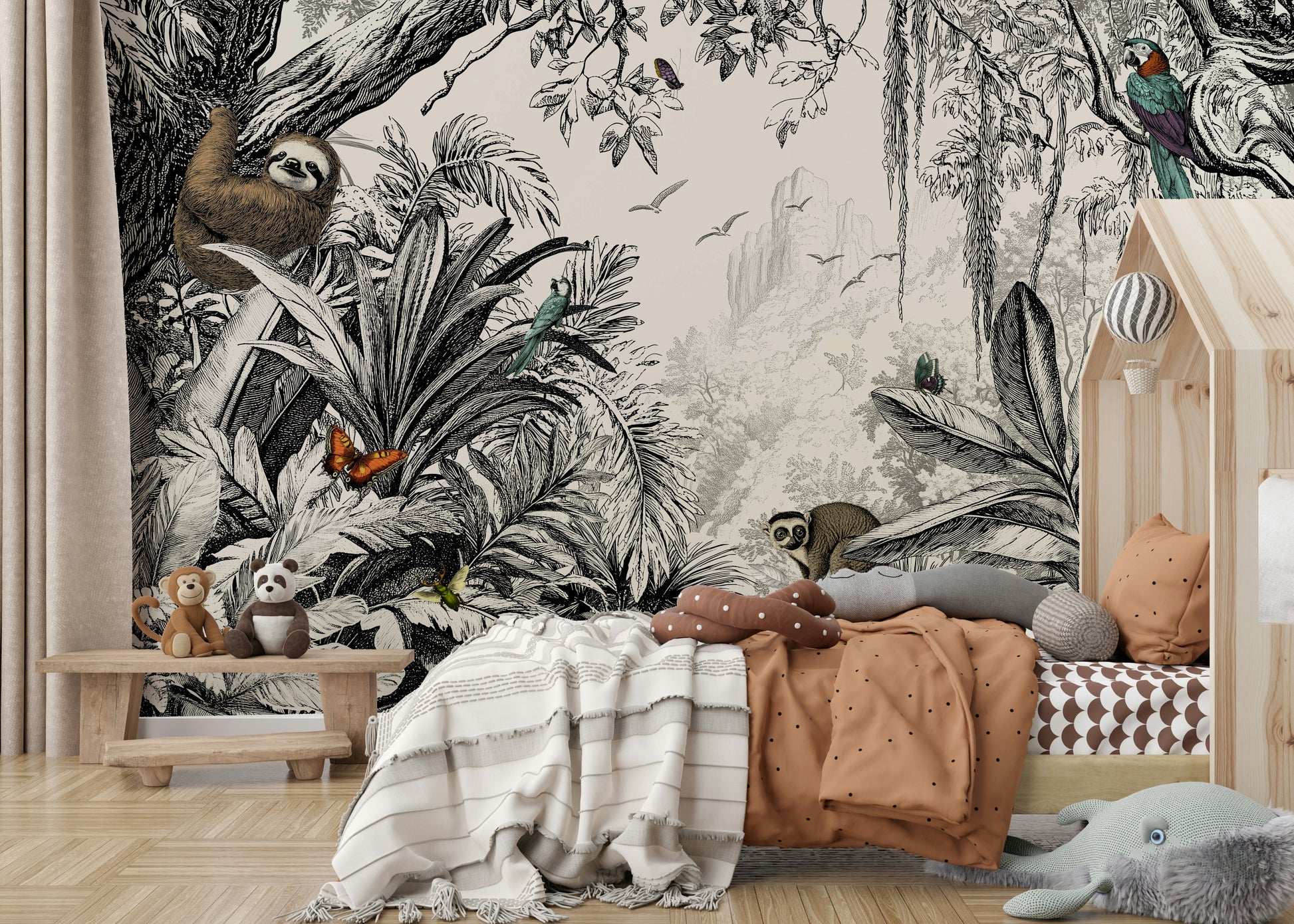 Jungle Vista Black & Off-White wallpaper mural of a sloth and parrots in monochrome jungle foliage in a child's nursery