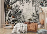 Jungle Vista Black & Off-White wallpaper mural of a sloth and parrots in monochrome jungle foliage in a child's nursery