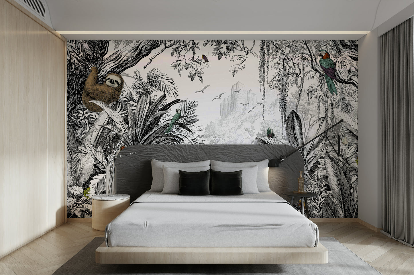 Jungle Vista black-and-white mural for a bold, nature-inspired room.

