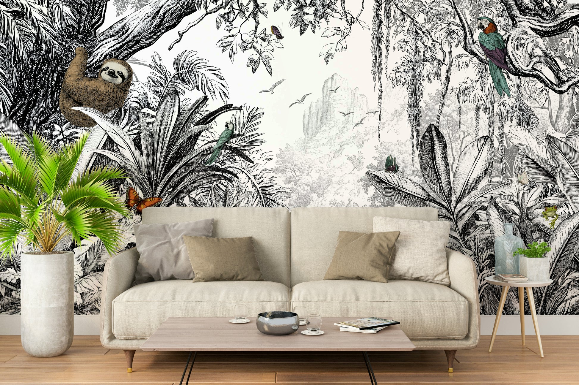 Bold black and white jungle vista design for modern interiors.

