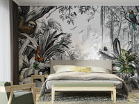 Monochrome jungle mural wallpaper with black and white tones.

