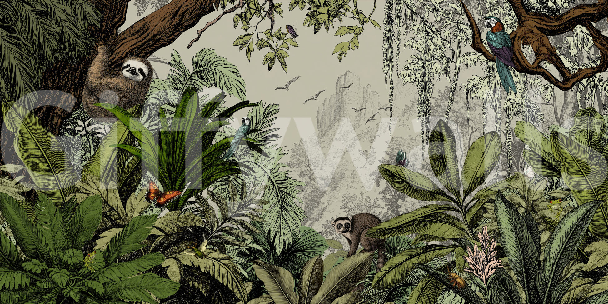 Lush green jungle mural with sunlight for a fresh room design.

