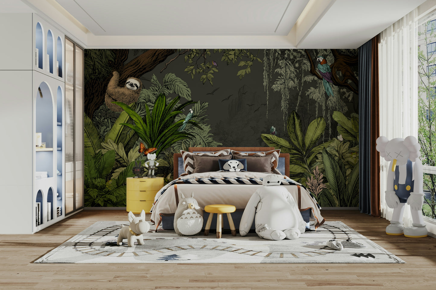 Nighttime jungle mural with moonlight shining through foliage.

