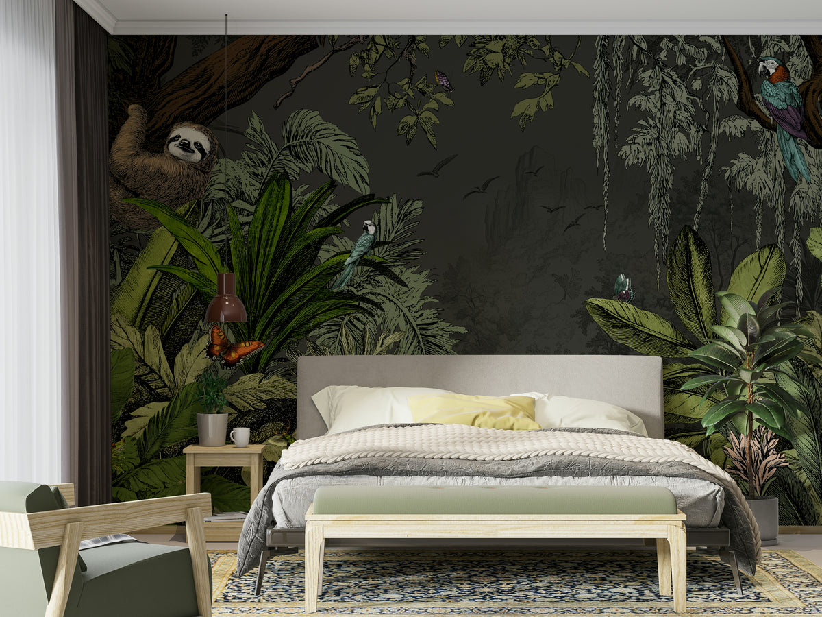 Calm jungle night mural featuring soft blue and green tones.

