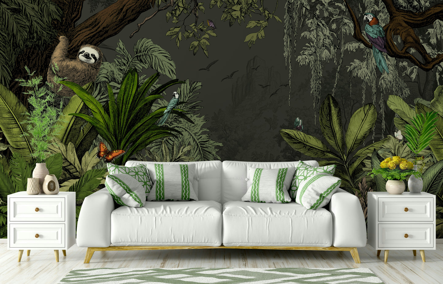 Jungle Vista Night mural with dark greens and moonlit ambiance.

