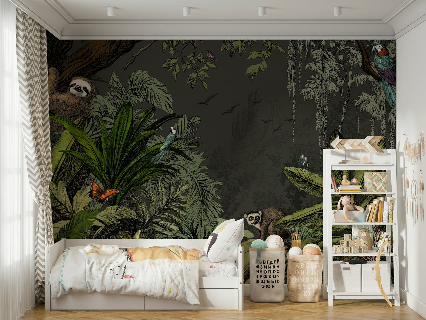 Tranquil jungle at night mural with subtle moonlight details.

