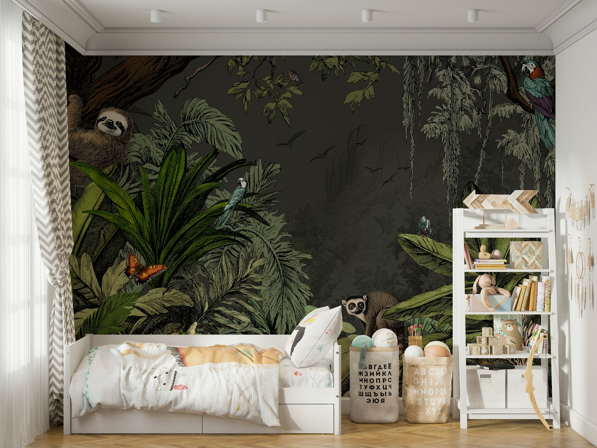 Tranquil jungle at night mural with subtle moonlight details.

