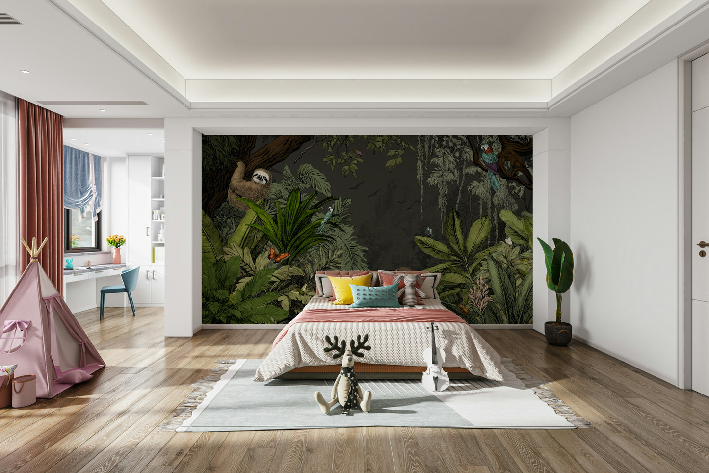 Jungle Vista - Night Wall Mural with lush foliage under moonlight.

