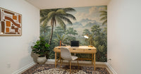 Exotic foliage patterns define artistic rainforest wallpaper for walls.