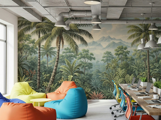 Lush palm fronds decorate this botanical wallpaper for walls.