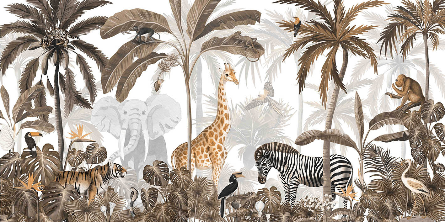 Tropical Jungle Wild Animals Trees Wallpaper Mural
