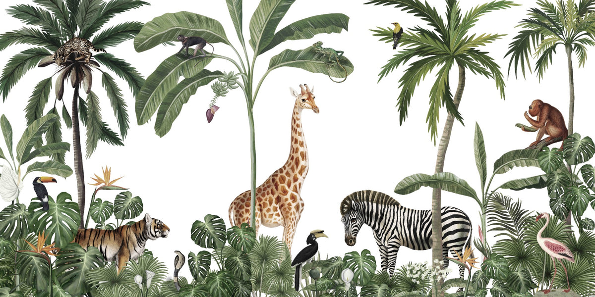 Tropical forest wild animals & trees wallpaper in your room