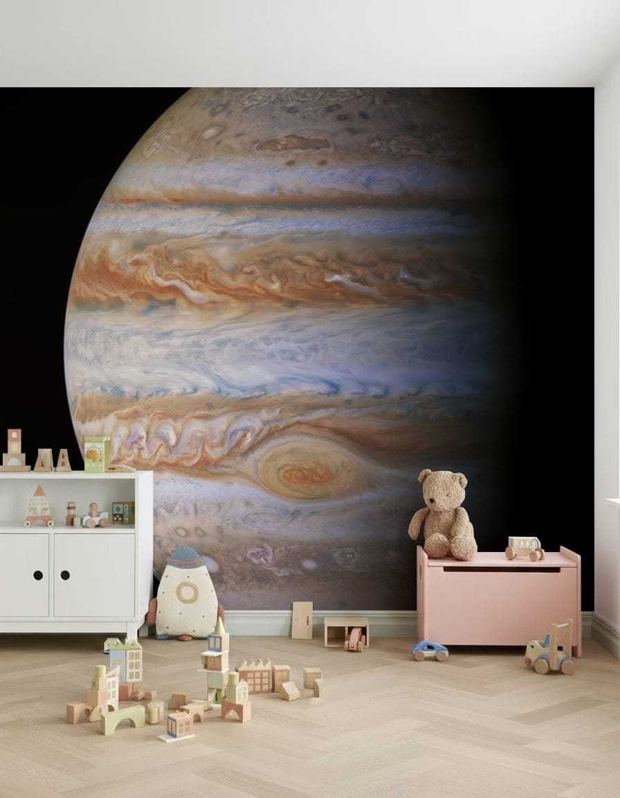 Jupiter planet wall mural in modern living room, deep blue space backdrop