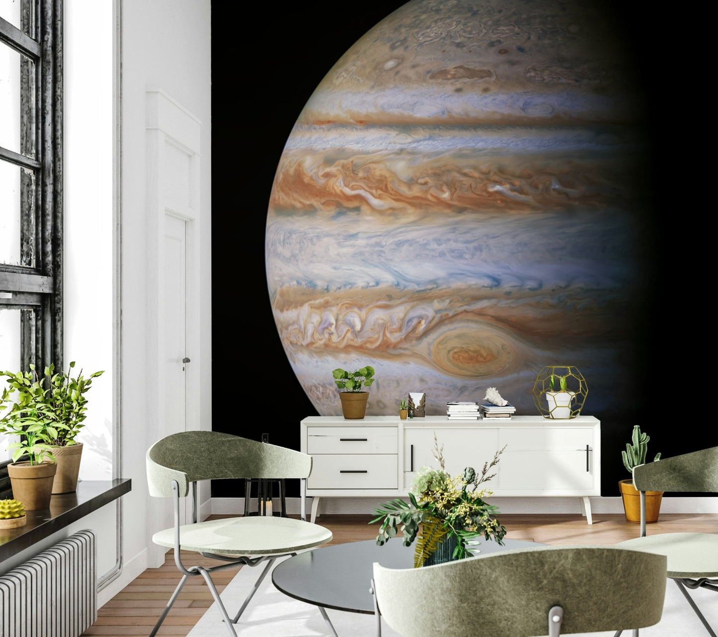 Close-up Jupiter swirl wallpaper on bedroom feature wall, navy and gold tones