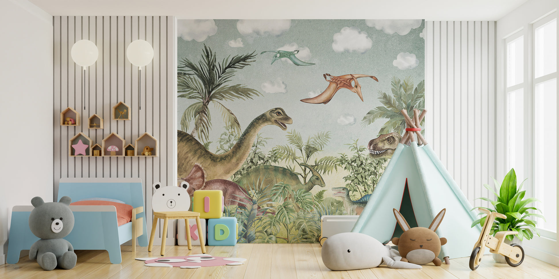 Kids' room wall mural with a Jurassic adventure dinosaur scene.
