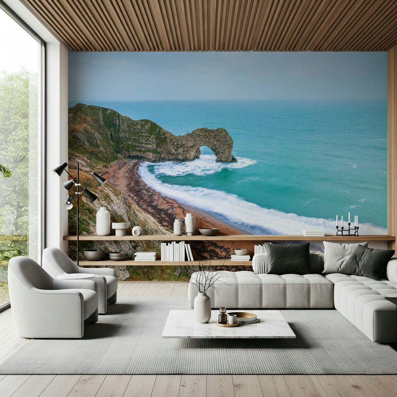 Jurassic Coast Wall Mural featuring dramatic cliffs in a living room