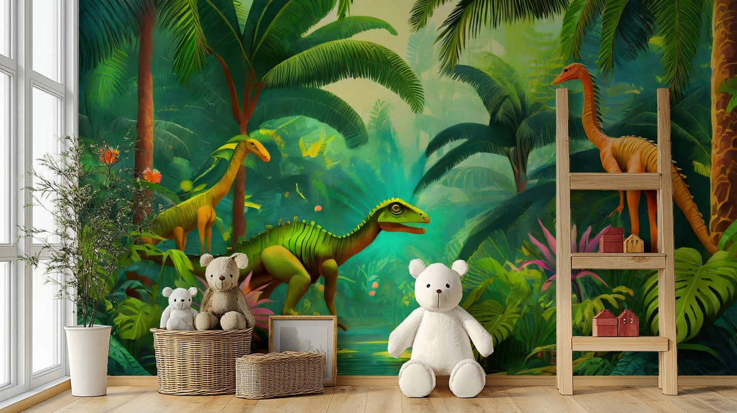 T‑Rex roaring beside a waterfall in Jungle scene mural

