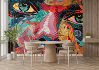 Fragmented shapes and vibrant colors.

